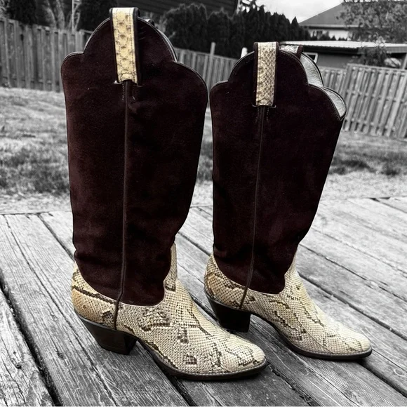 Vintage Larry Mahan Brown Suede and Reptile Leather Women's Cowboy Boots - Picture 2 of 8